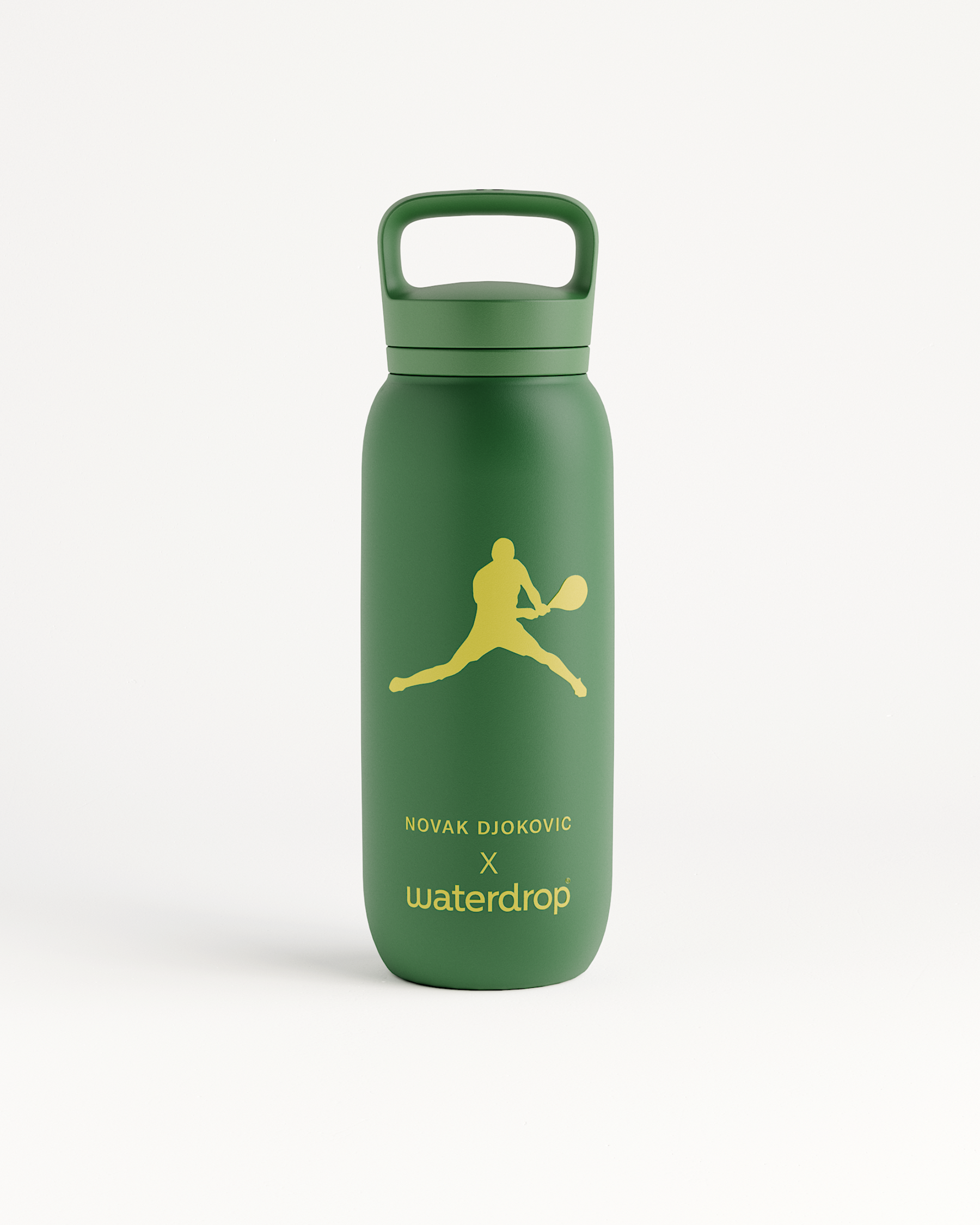 Novak Djokovic waterdrop all-purpose Thermo Spout Lid Bottle with yellow logo and tennis silhouette, featuring double-walled stainless steel for 24-hour cold hydration.