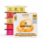 オレンジ風味のWaterdrop 88 ハイドレーションドリンクミックスの箱。前面にオレンジの断片、左に色とりどりのパウチが積まれている。